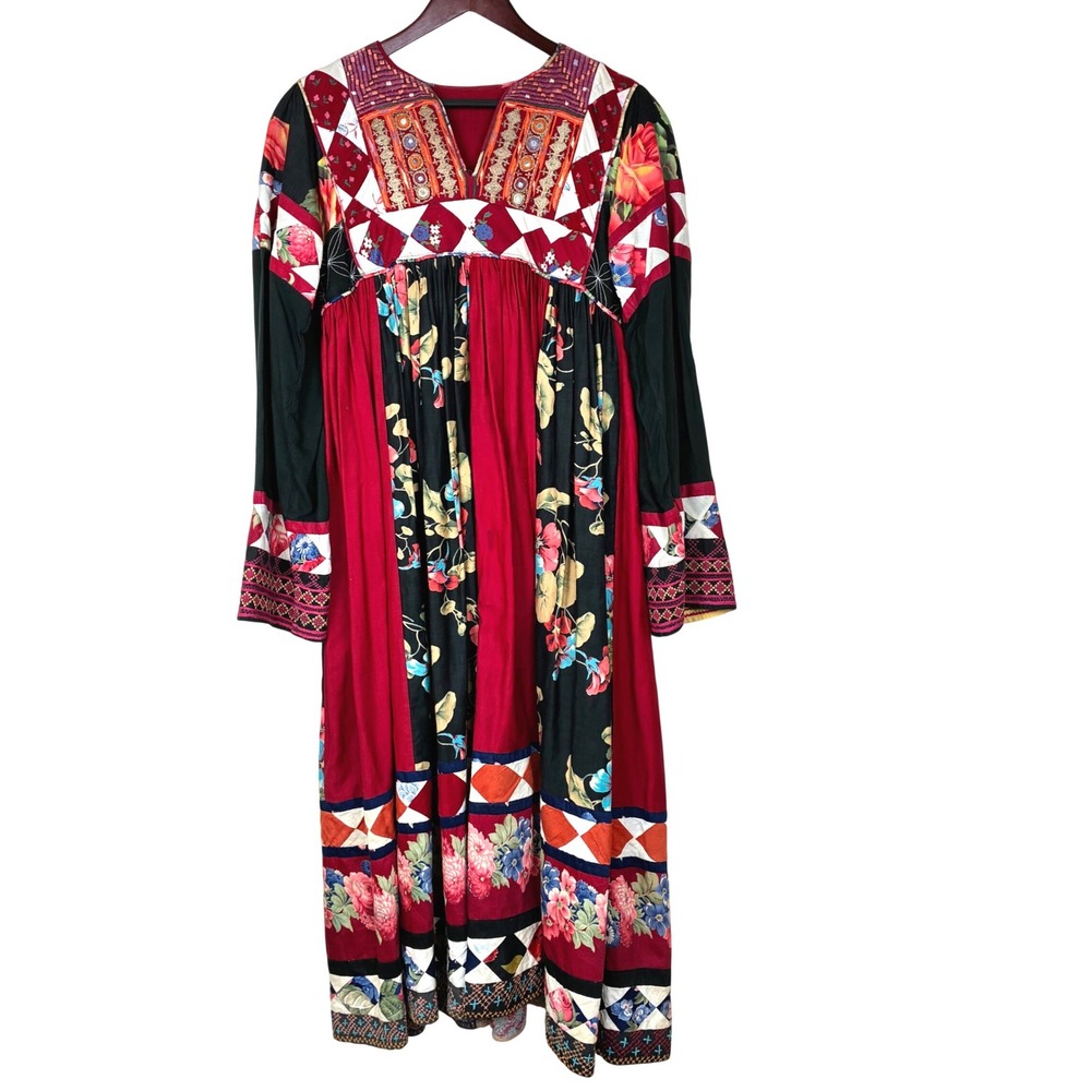 60s Handmade Vintage Dress Sz S Quilted Patchwork Maxi Boho Embroidered Festival